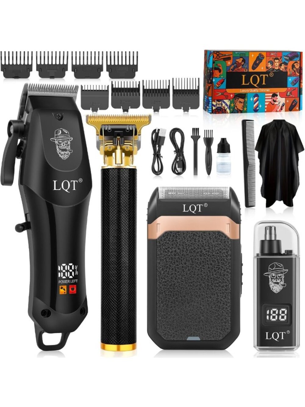 Cordless Hair Clippers Set with LED Display, Beard Trimmer & Nose Trimmer